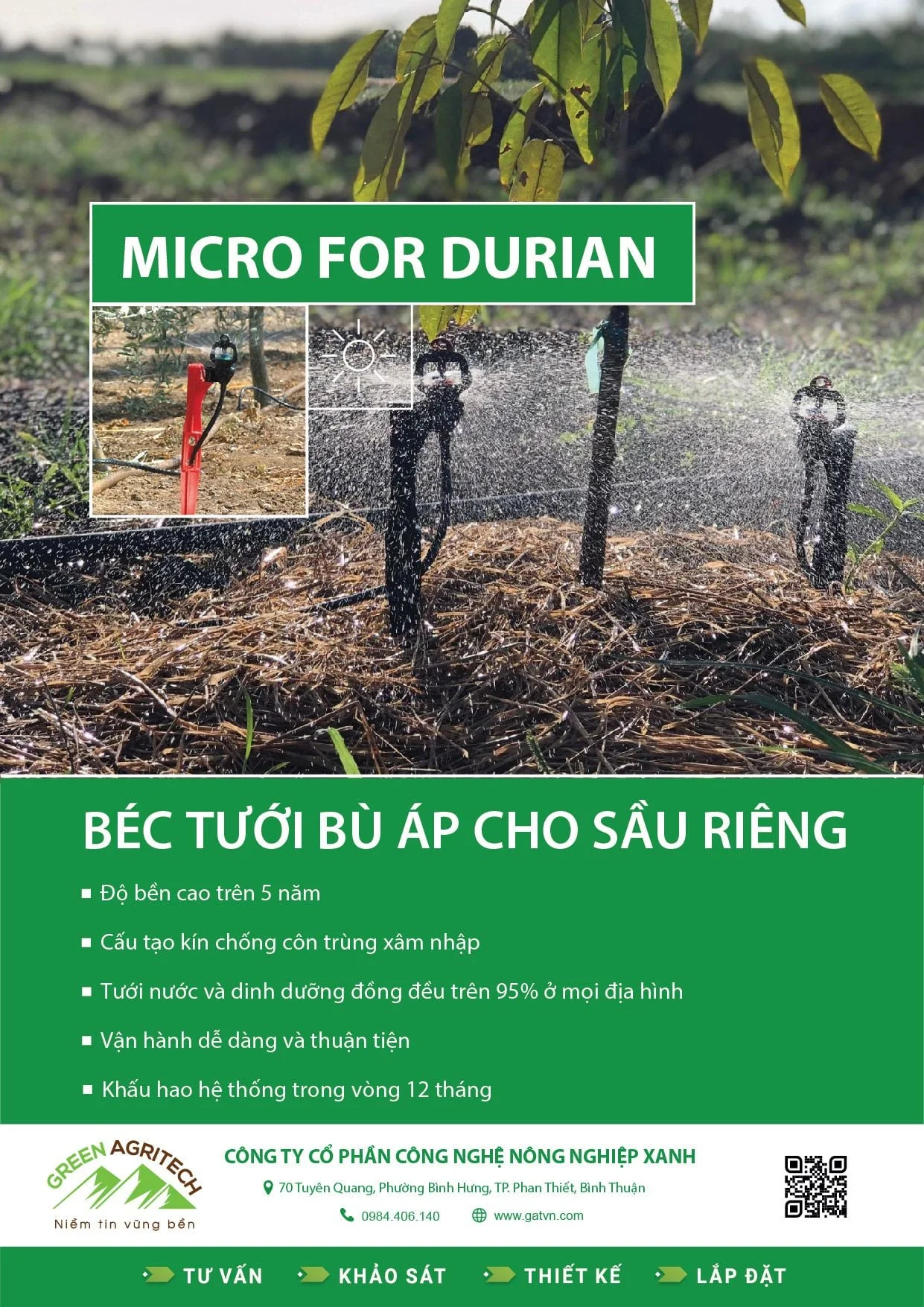 Béc tưới phun mưa bù áp cho Sầu Riêng